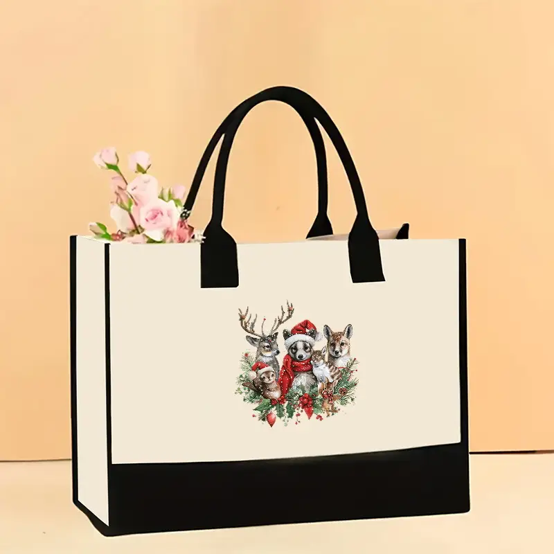 Printed Canvas Shoulder Bag Women Large Capacity Festive Christmas Design