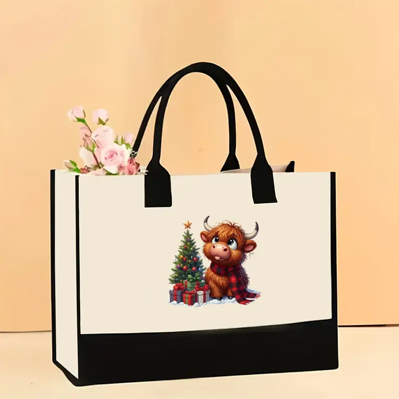 Printed Canvas Shoulder Bag Women Large Capacity Festive Christmas Design