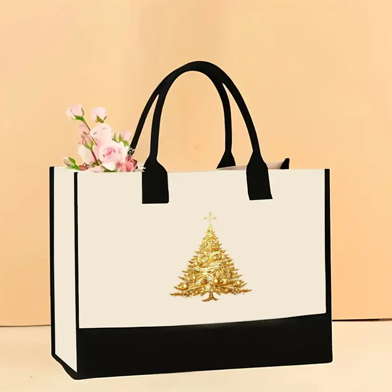 Printed Canvas Shoulder Bag Women Large Capacity Festive Christmas Design