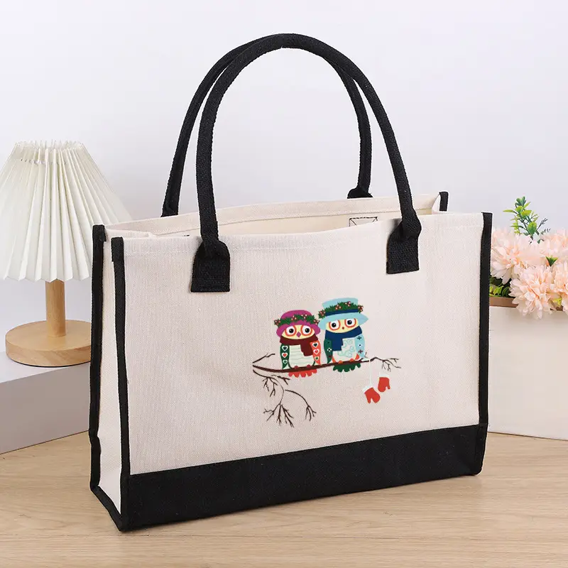 Printed Canvas Shoulder Bag Women Large Capacity Festive Christmas Design