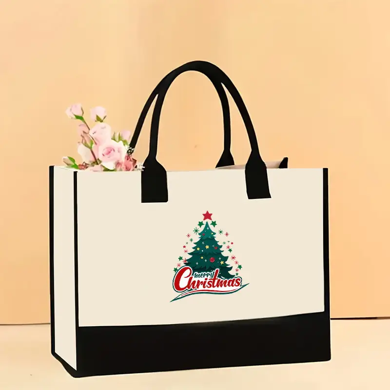 Printed Canvas Shoulder Bag Women Large Capacity Festive Christmas Design