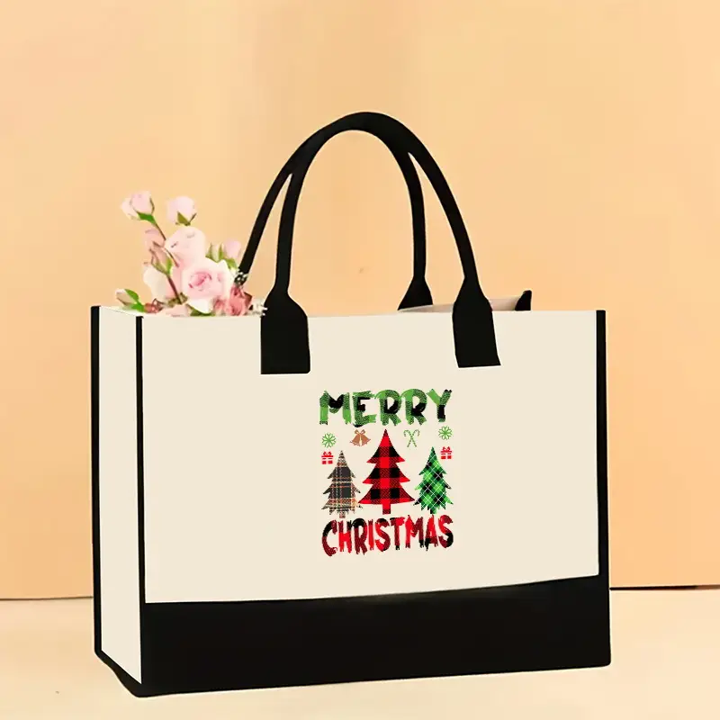 Printed Canvas Shoulder Bag Women Large Capacity Festive Christmas Design