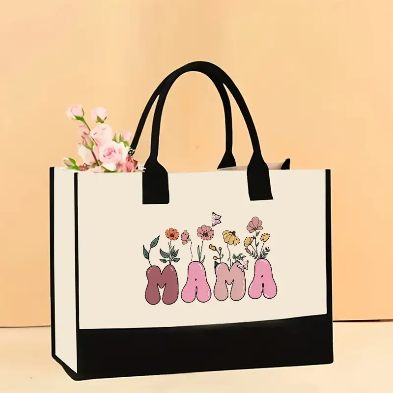 Printed Canvas Shoulder Bag Women Large Capacity Festive Christmas Design