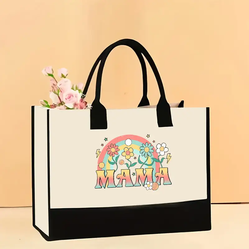 Printed Canvas Shoulder Bag Women Large Capacity Festive Christmas Design
