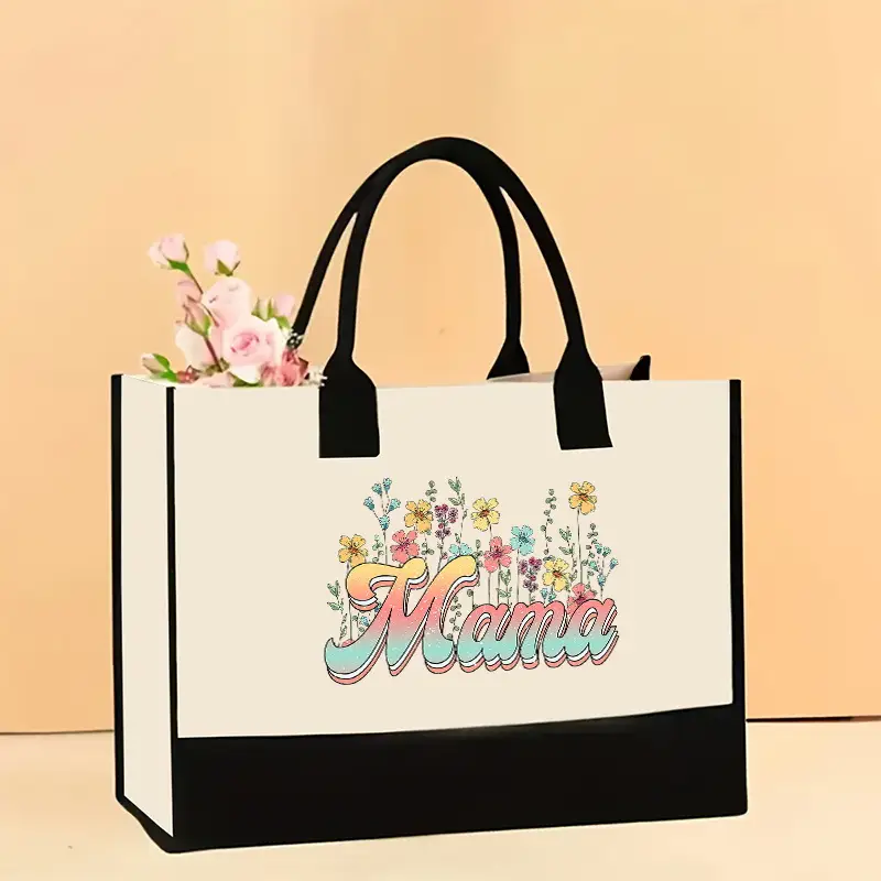 Printed Canvas Shoulder Bag Women Large Capacity Festive Christmas Design
