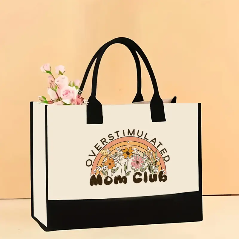 Printed Canvas Shoulder Bag Women Large Capacity Festive Christmas Design