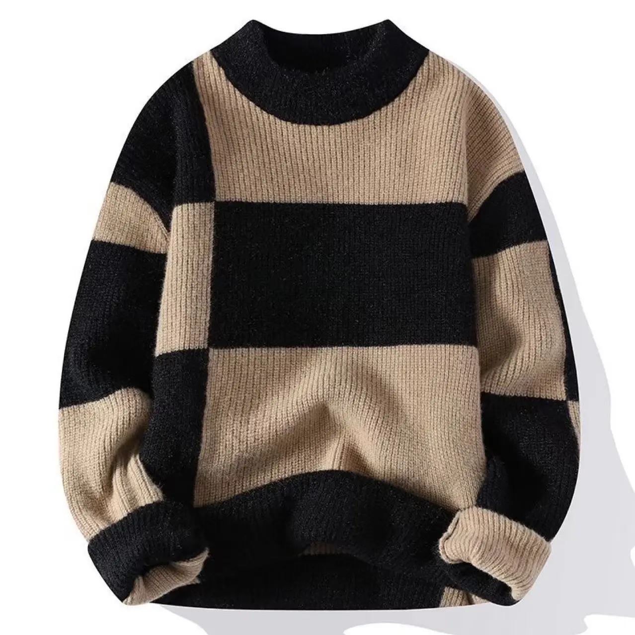 Men's Winter Knit Sweatshirt Brown White Contrast Round Neck - Image 3