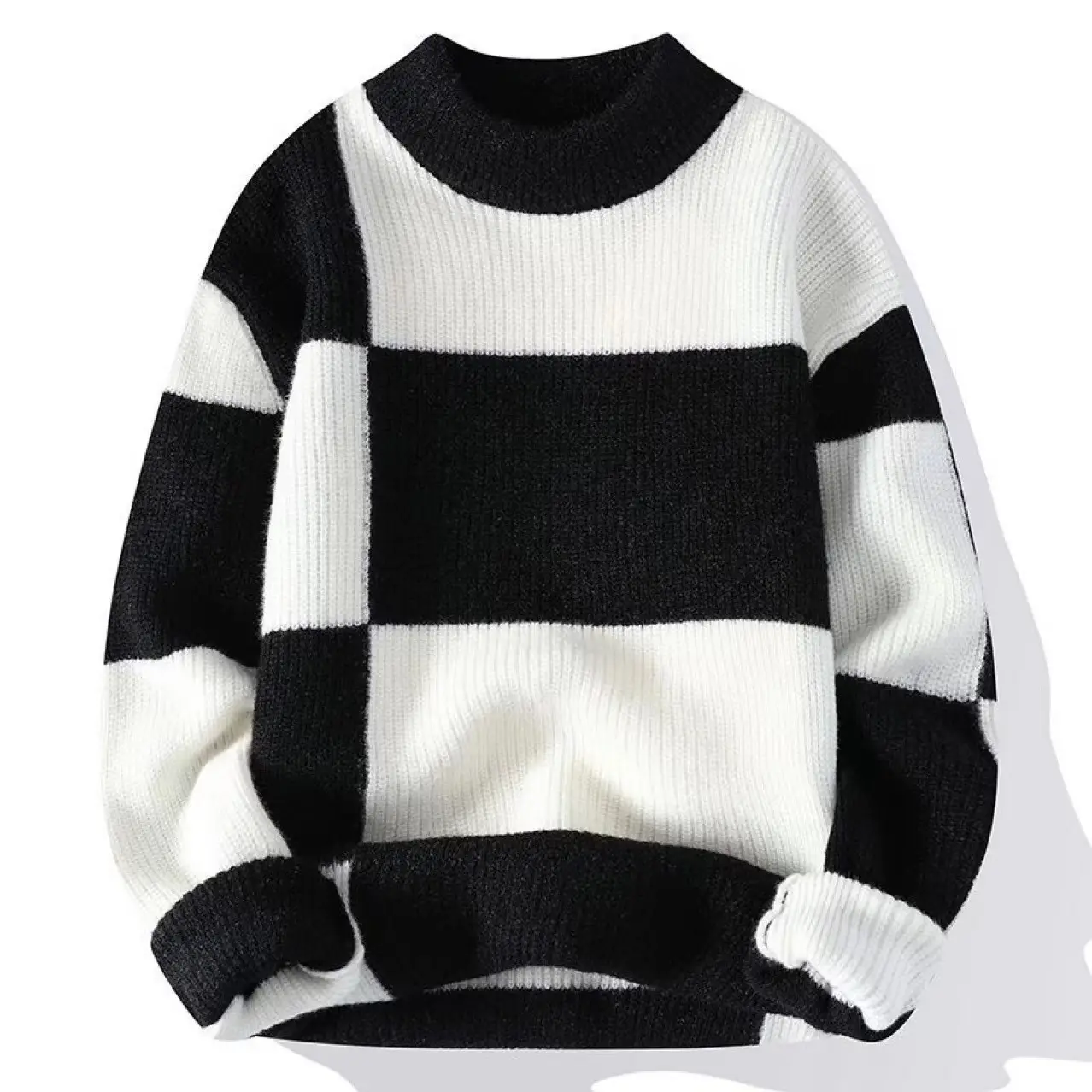 Men's Winter Knit Sweatshirt Brown White Contrast Round Neck - Image 2
