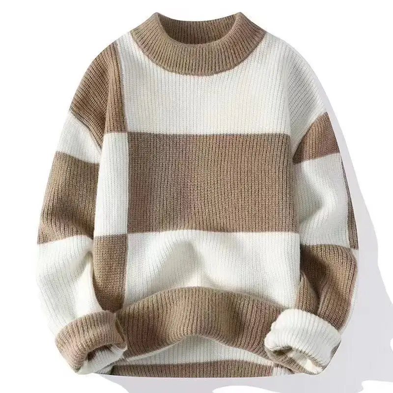 Men's Winter Knit Sweatshirt Brown White Contrast Round Neck — feature 6