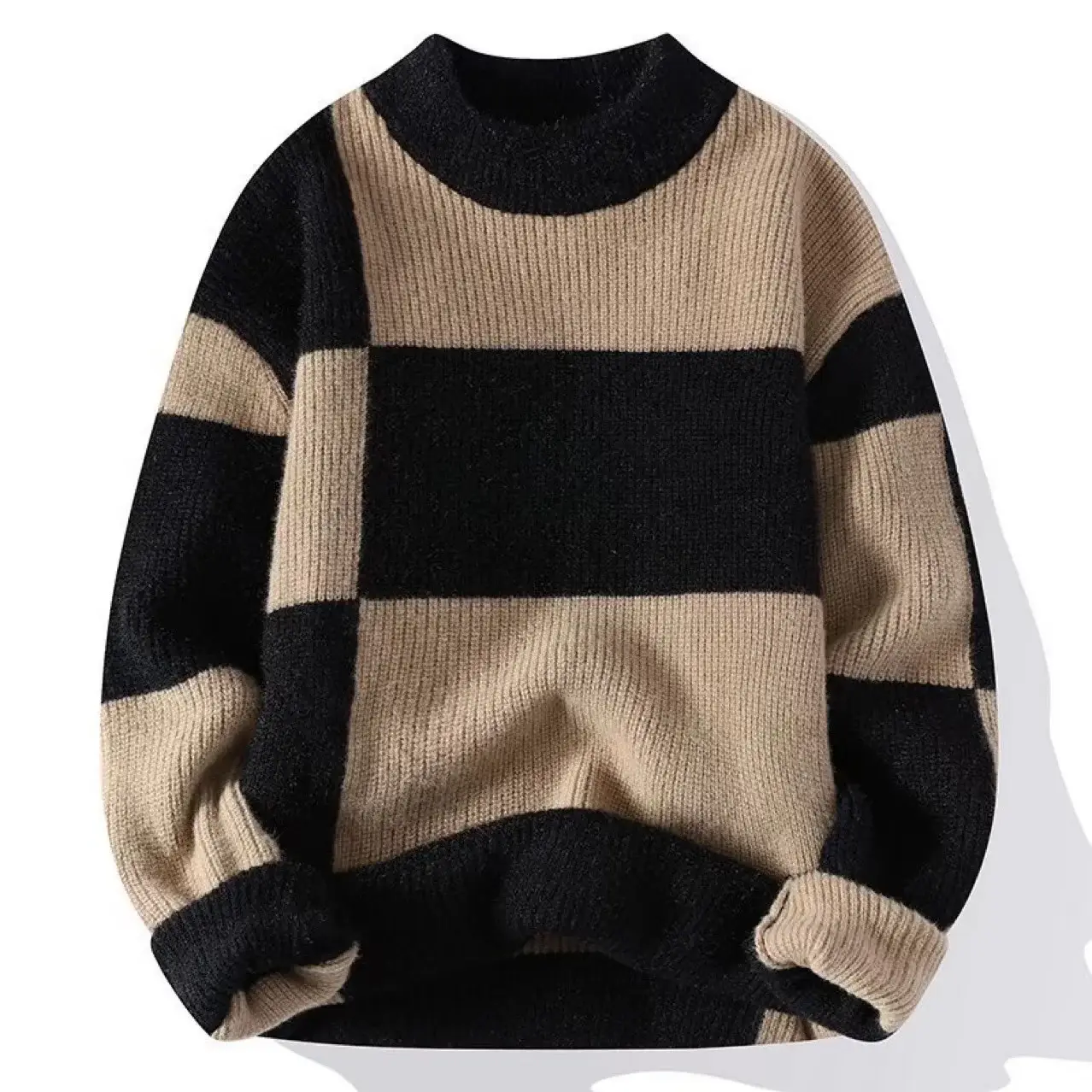 Men's Winter Knit Sweatshirt Brown White Contrast Round Neck — feature 8