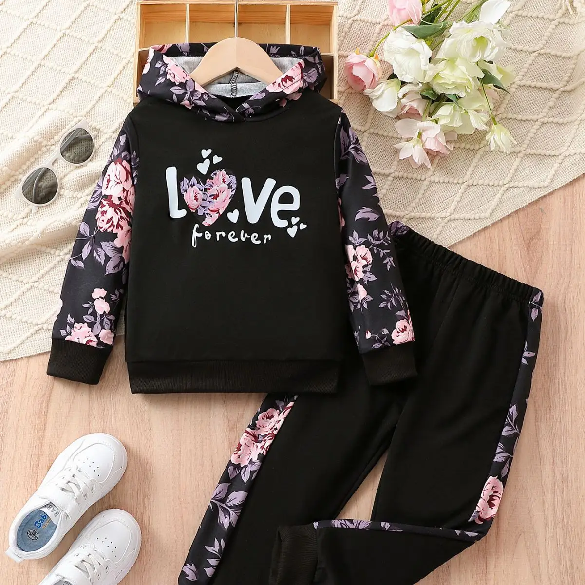 Girls Long Sleeve Sweater Set Black Purple Heart Design - Image 2