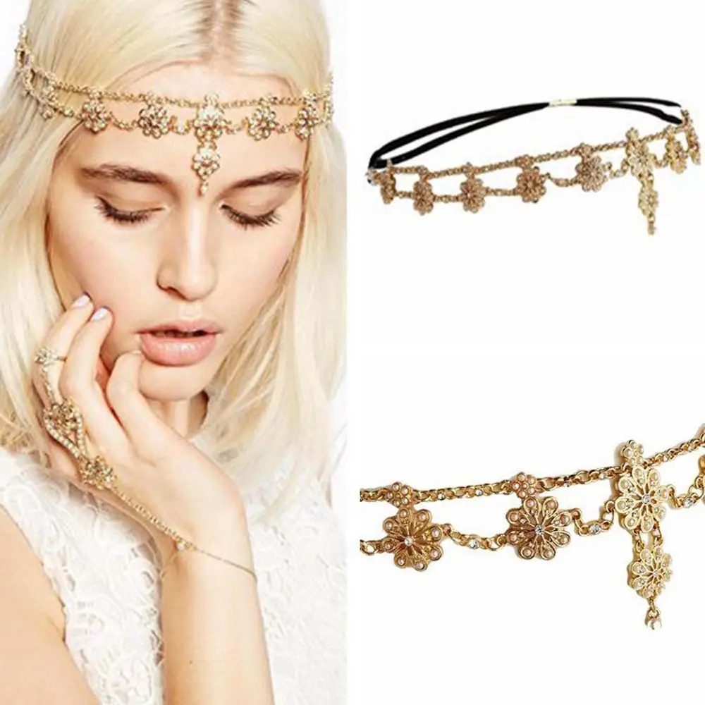 Ancient Gold Pearl Flower Tassel Hairband for Women