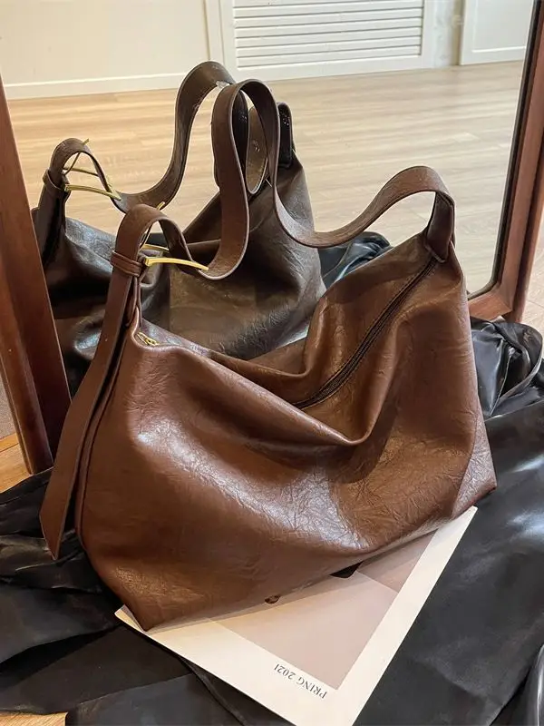Women Large Capacity Brown Leather Shoulder Messenger Bag - Image 5