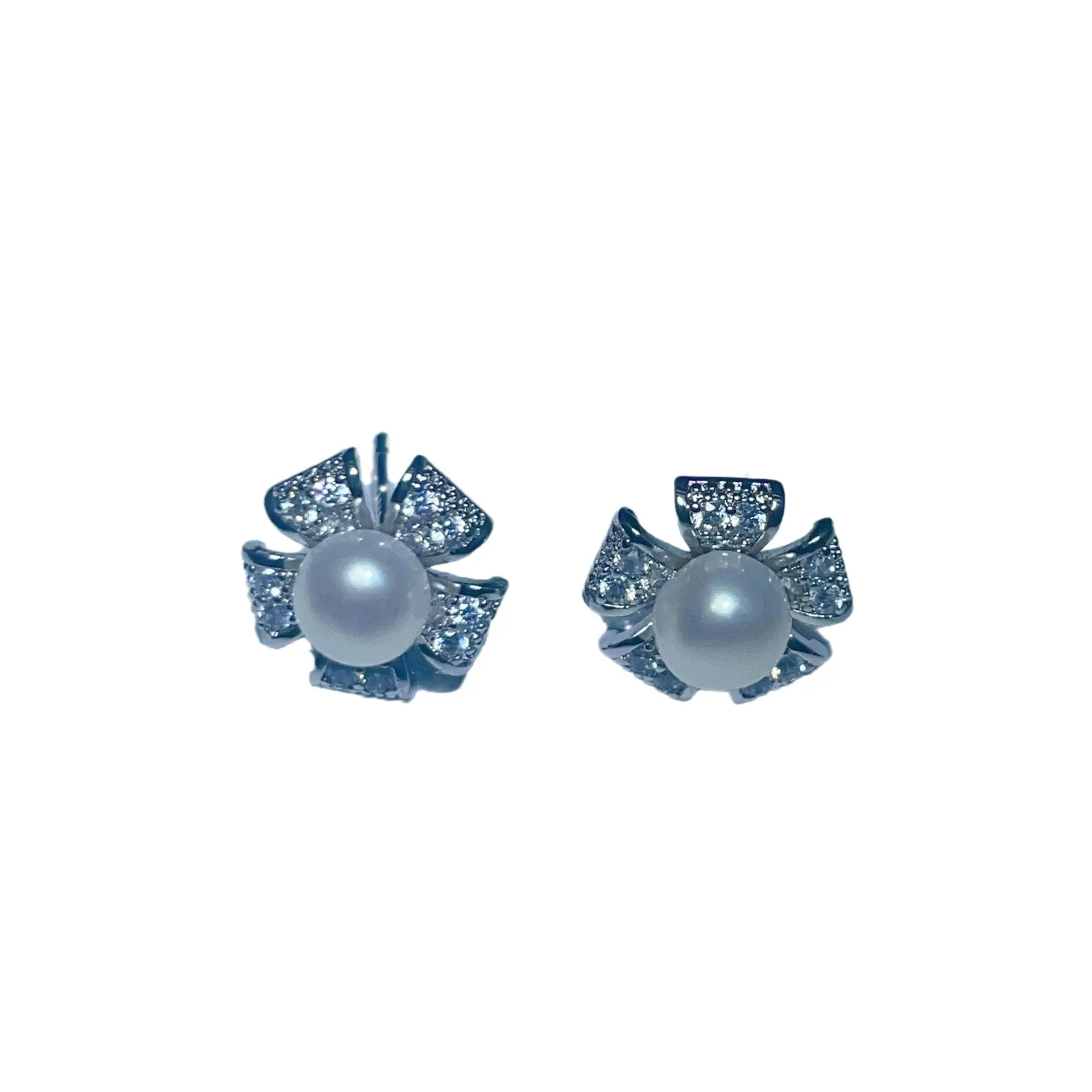 S925 Silver Pearl Flower Earrings 6-7mm Zircon - Image 5