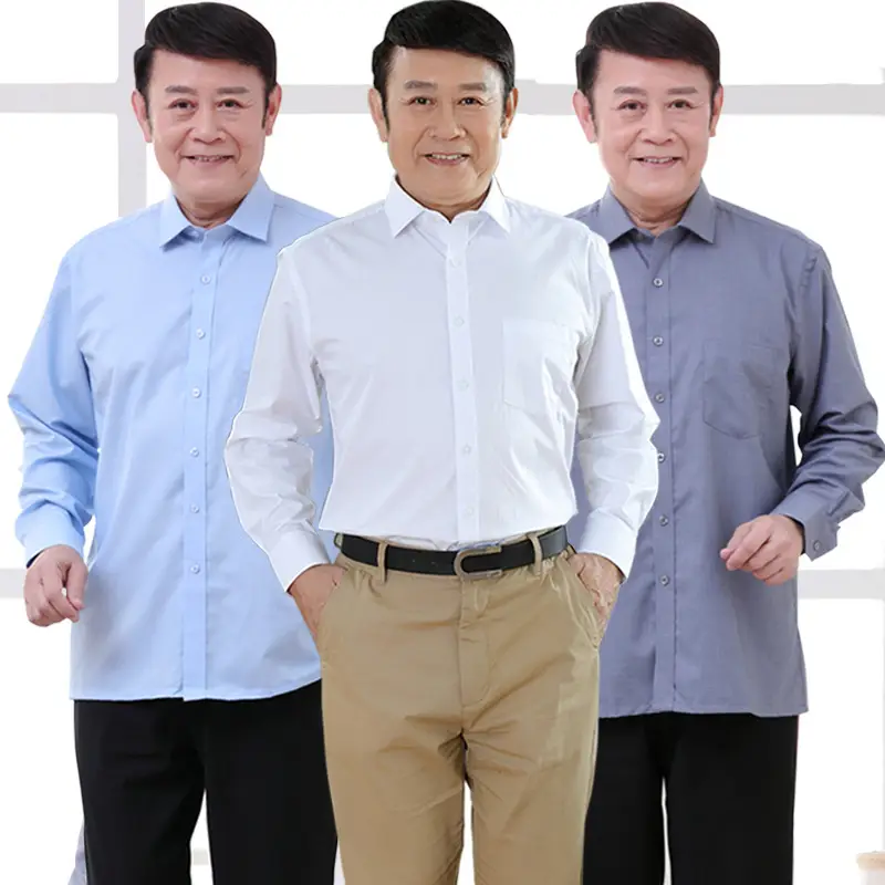Middle-aged Men Long Sleeve White Shirt Straight Cut - Image 18