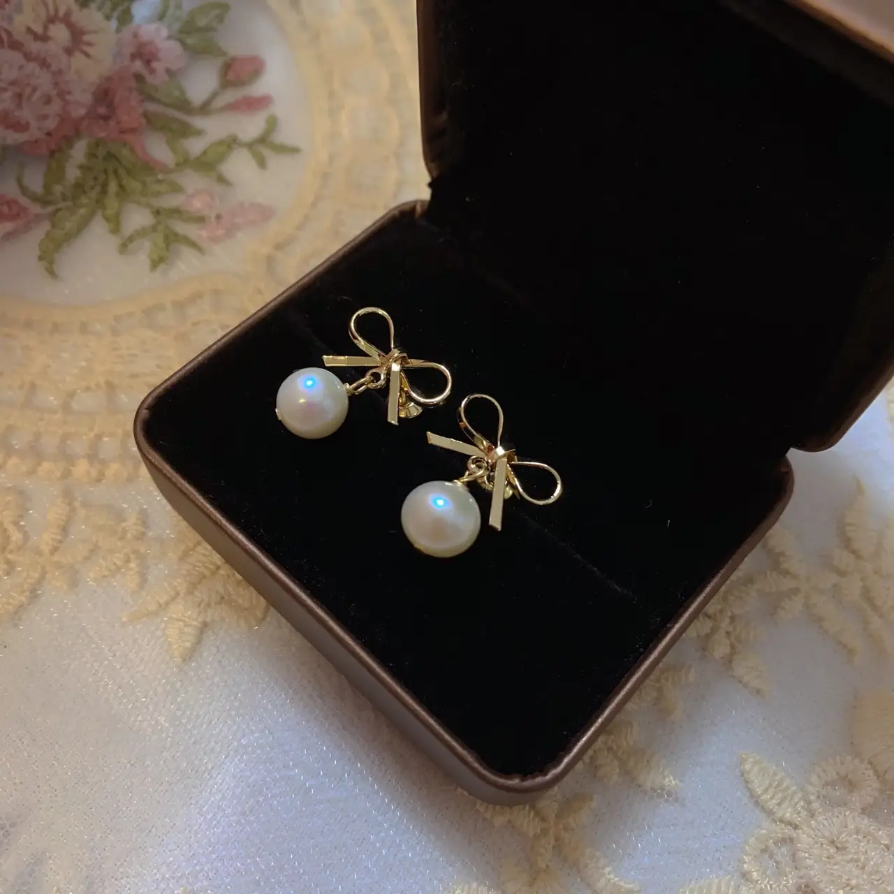 Vintage French Bow Pearl Earrings Gold