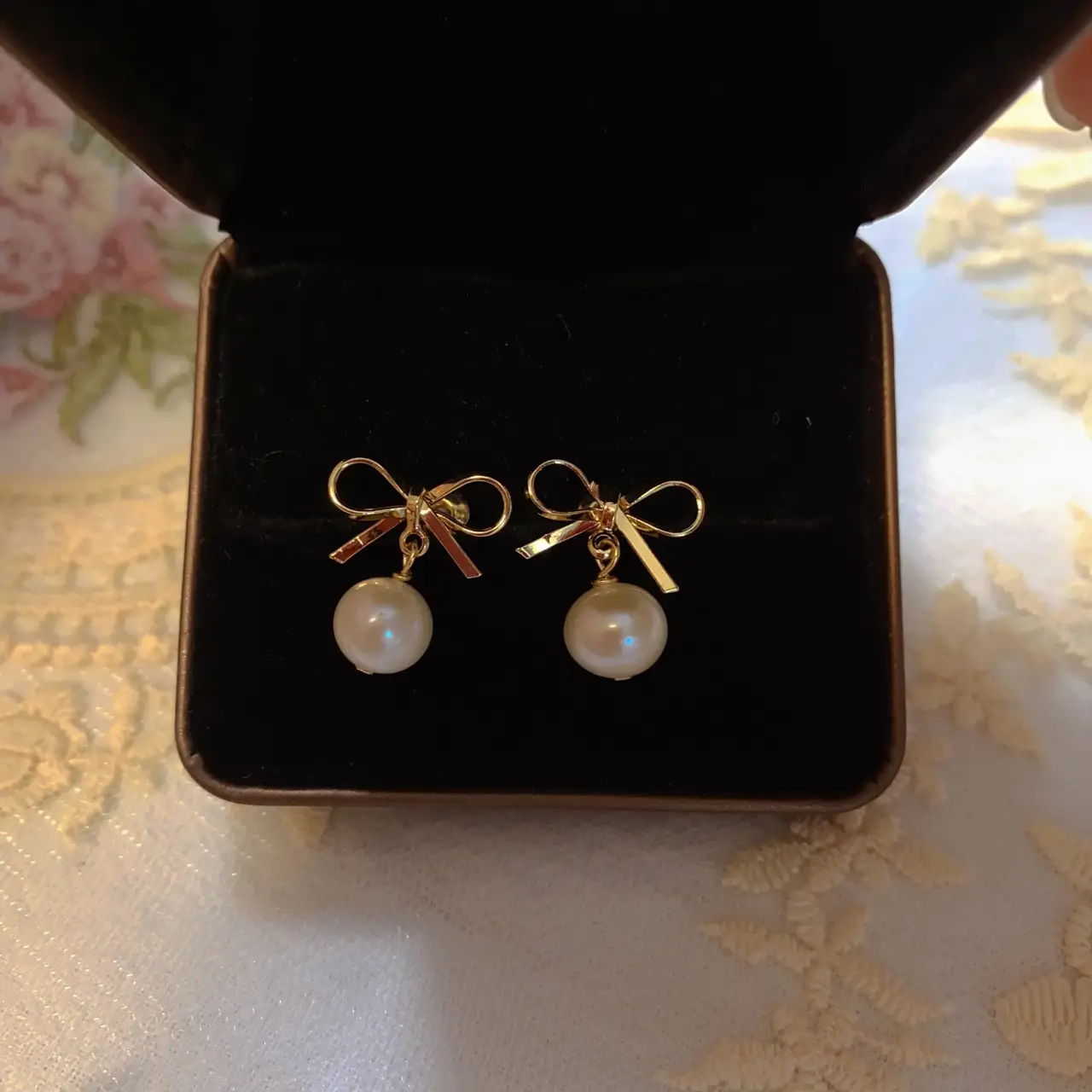 Vintage French Bow Pearl Earrings Gold