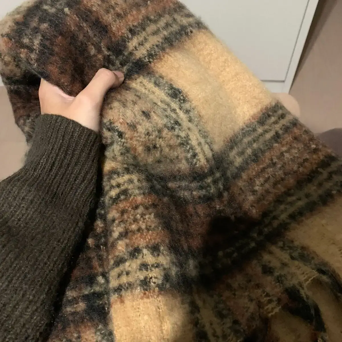 Women's Winter Wool Knitted Shawl Scarf Brown Plaid 2024 - Image 4