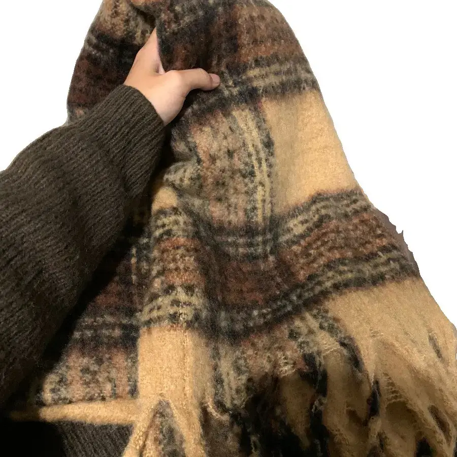 Women's Winter Wool Knitted Shawl Scarf Brown Plaid 2024 - Image 5