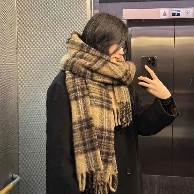 Women's Winter Wool Knitted Shawl Scarf Brown Plaid 2024 — feature 1