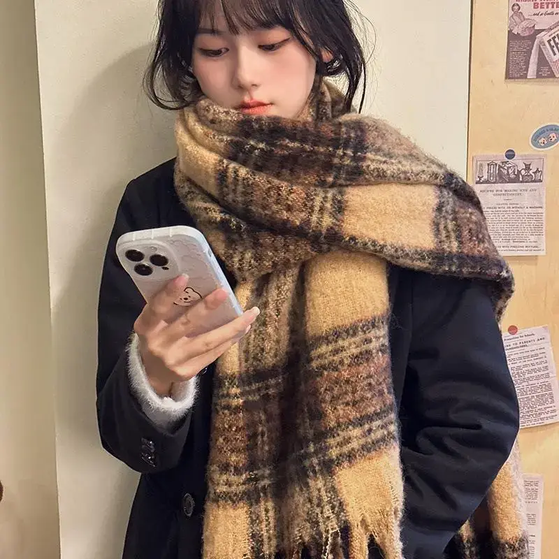Women's Winter Wool Knitted Shawl Scarf Brown Plaid 2024 — feature 2