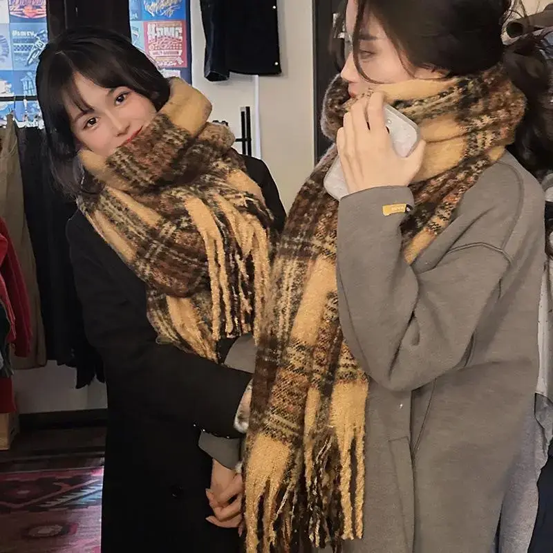 Women's Winter Wool Knitted Shawl Scarf Brown Plaid 2024 — feature 4