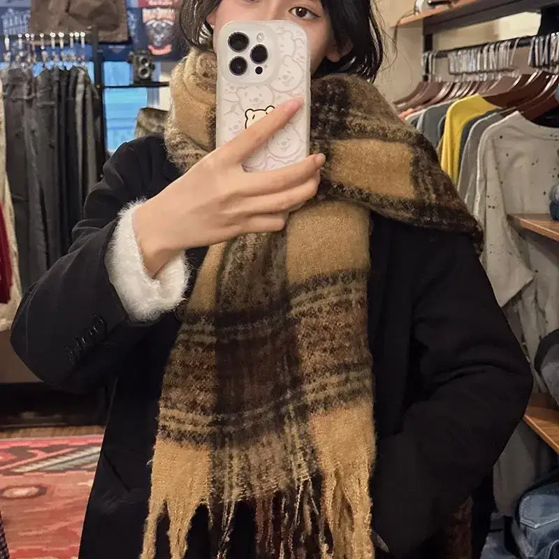 Women's Winter Wool Knitted Shawl Scarf Brown Plaid 2024 — feature 5