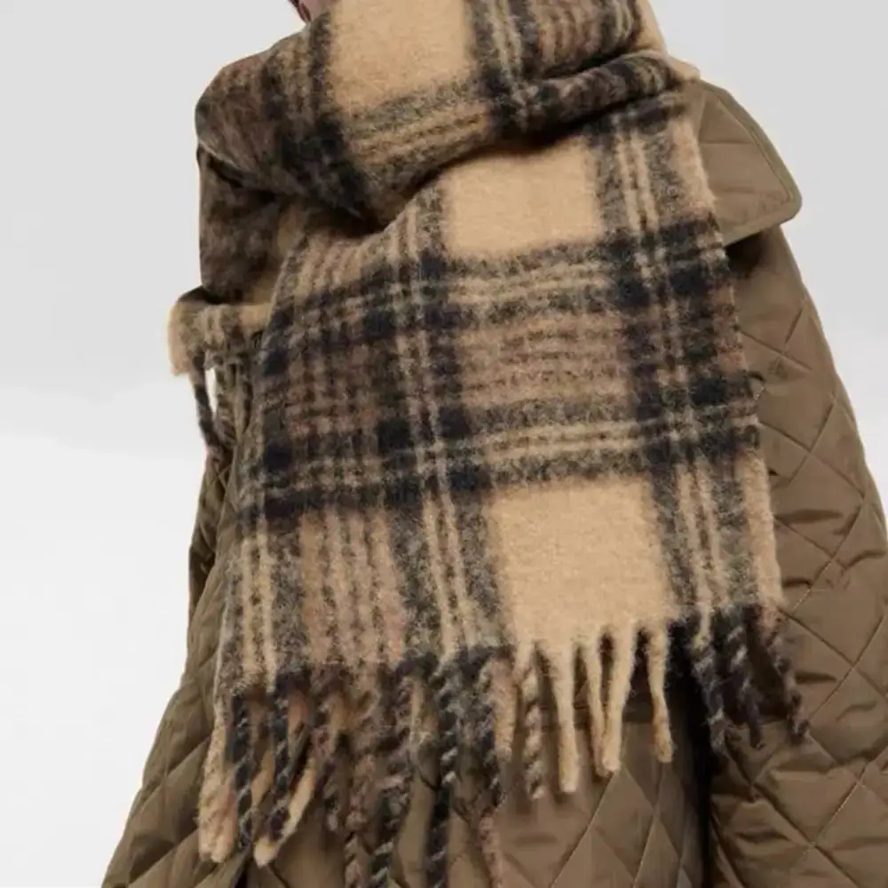 Women's Winter Wool Knitted Shawl Scarf Brown Plaid 2024 — feature 6