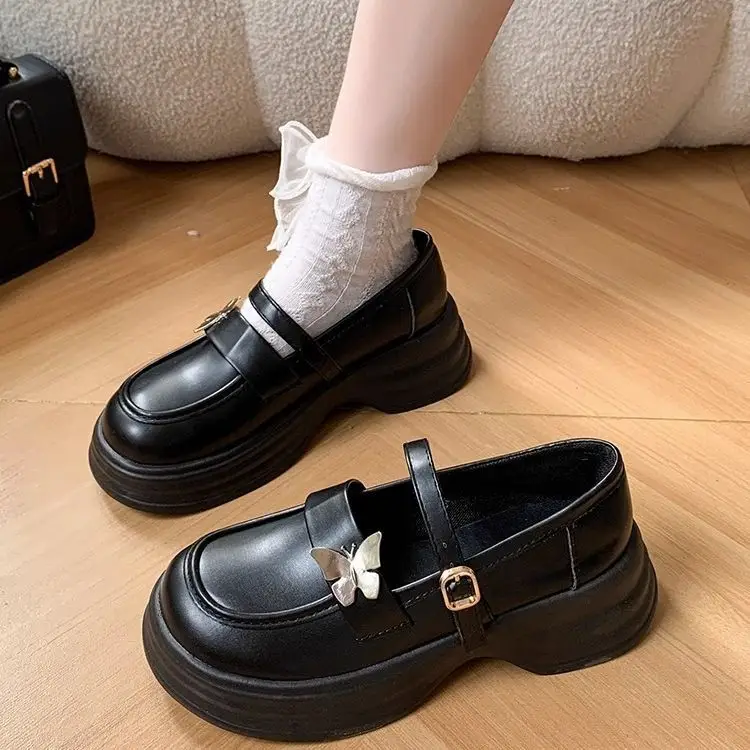 2025 Autum New Thick Heel Thick Sole Retro Preppy Style Jk Shoes Mary Jane Shoes Milk White Butterfly Small Leather Shoes for Women