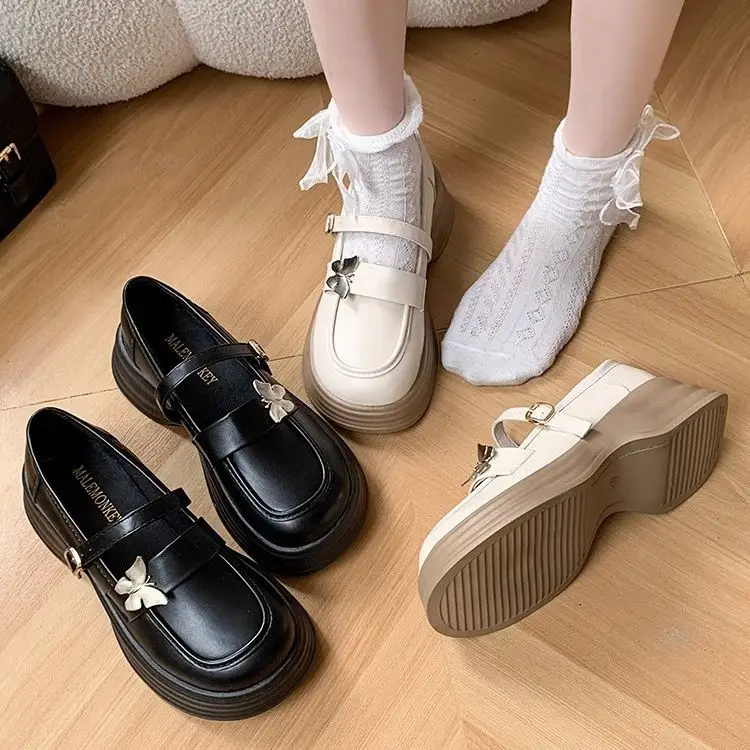 2025 Autum New Thick Heel Thick Sole Retro Preppy Style Jk Shoes Mary Jane Shoes Milk White Butterfly Small Leather Shoes for Women