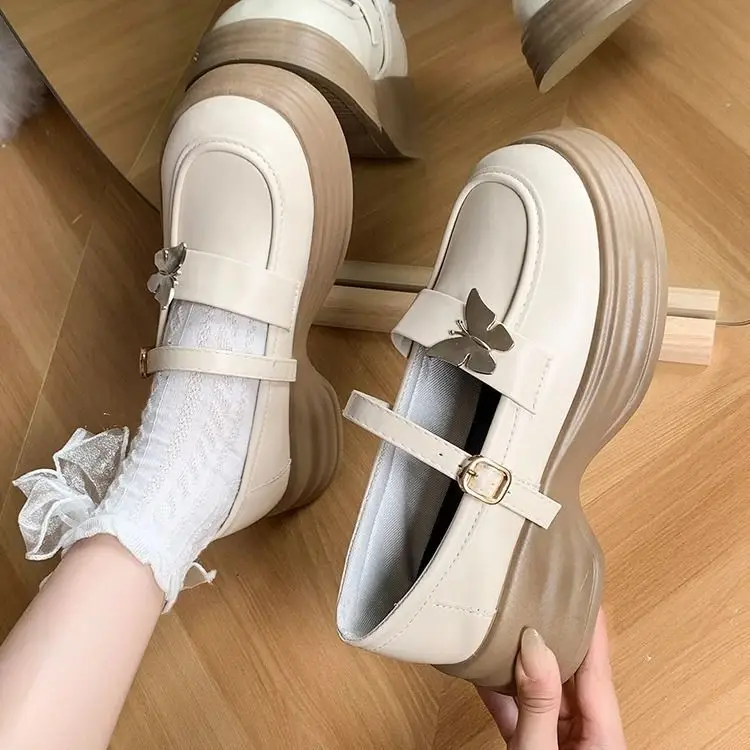 2025 Autum New Thick Heel Thick Sole Retro Preppy Style Jk Shoes Mary Jane Shoes Milk White Butterfly Small Leather Shoes for Women