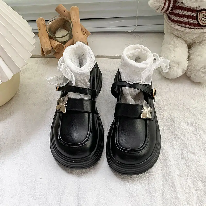 2025 Autum New Thick Heel Thick Sole Retro Preppy Style Jk Shoes Mary Jane Shoes Milk White Butterfly Small Leather Shoes for Women