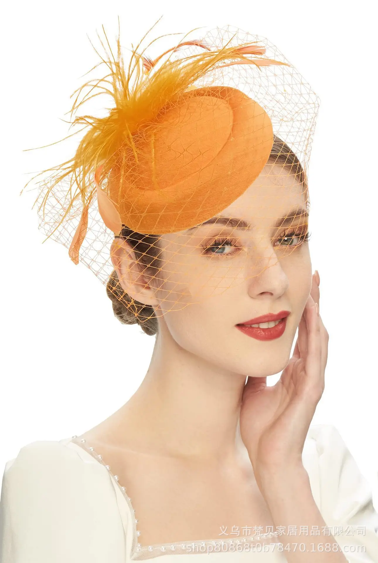 Orange Feather Hair Ornament with Net Cover for Women - Image 10