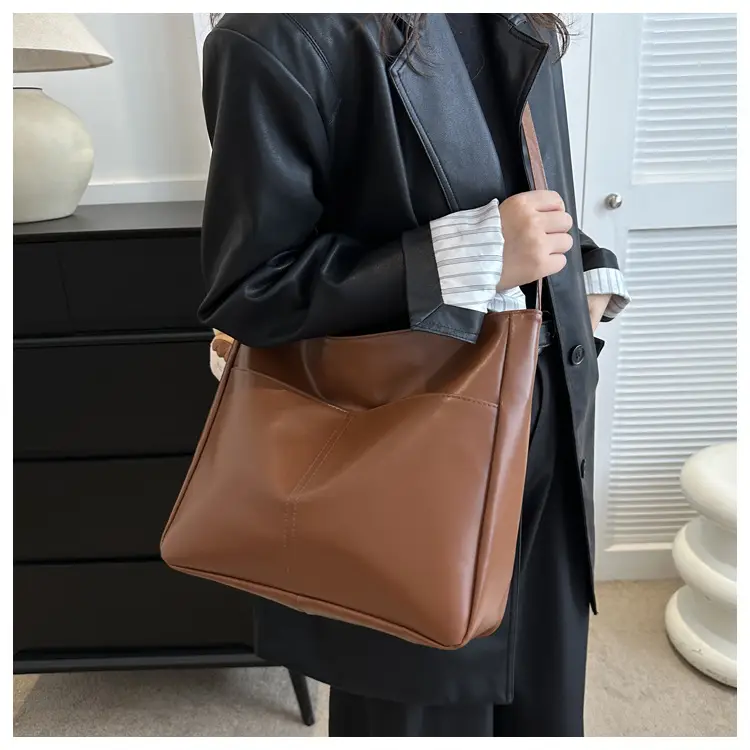 Korean Style Soft Leather Tote Bag Brown 2023 — feature 12