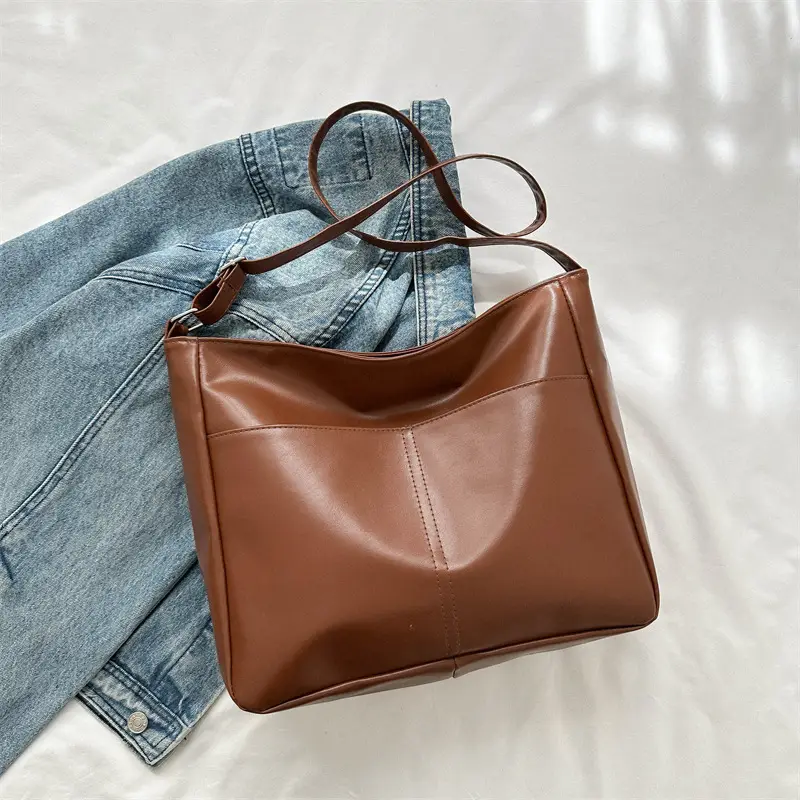 Korean Style Soft Leather Tote Bag Brown 2023 - Image 3