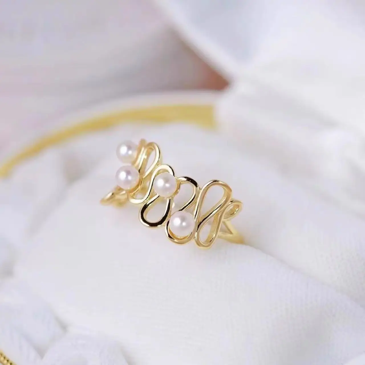 Gold Pearl Curved Ring for Women Adjustable - Image 2