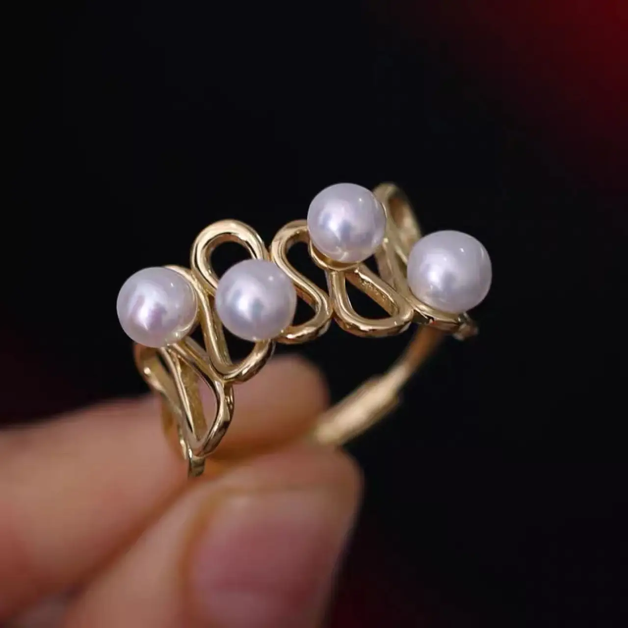 Gold Pearl Curved Ring for Women Adjustable - Image 3
