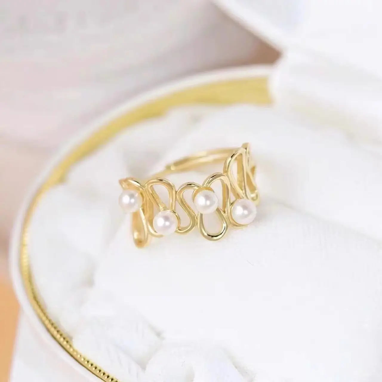 Gold Pearl Curved Ring for Women Adjustable - Image 5