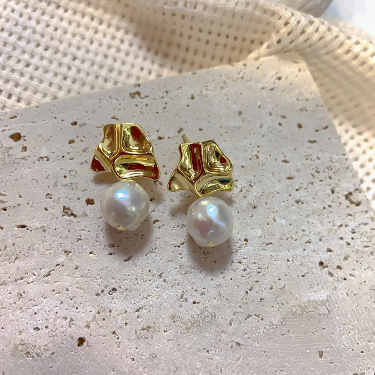 French Style Pearl Earrings with Red Stones - Image 2