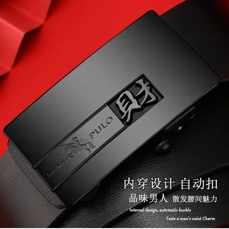 Men Genuine Leather Automatic Buckle Belt Black - Image 5