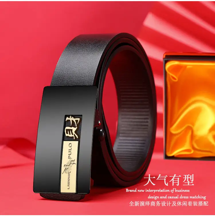 Men Genuine Leather Automatic Buckle Belt Black β feature 3