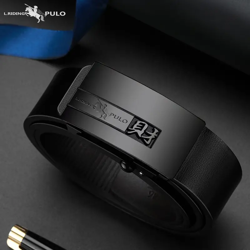 Men Genuine Leather Automatic Buckle Belt Black