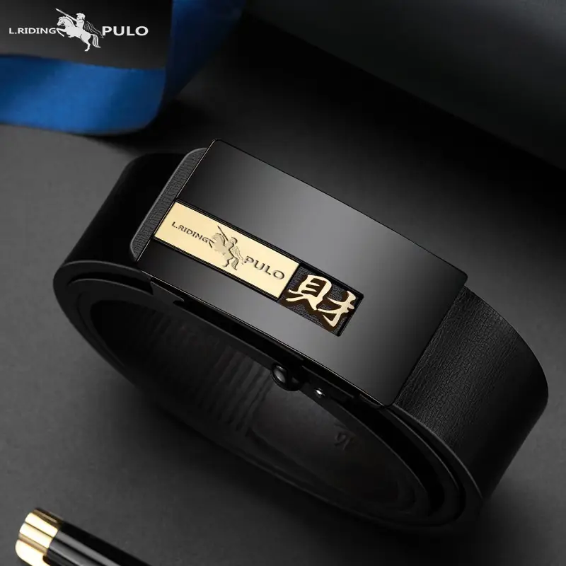 Men Genuine Leather Automatic Buckle Belt Black - Image 2