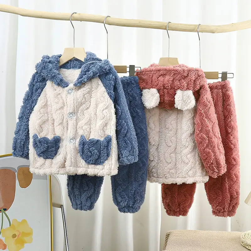 Children's Flannel Home Clothes Set Autumn and Winter Warm and Thickened Cartoon Jacquard Hooded Pajamas for Middle and Large Children