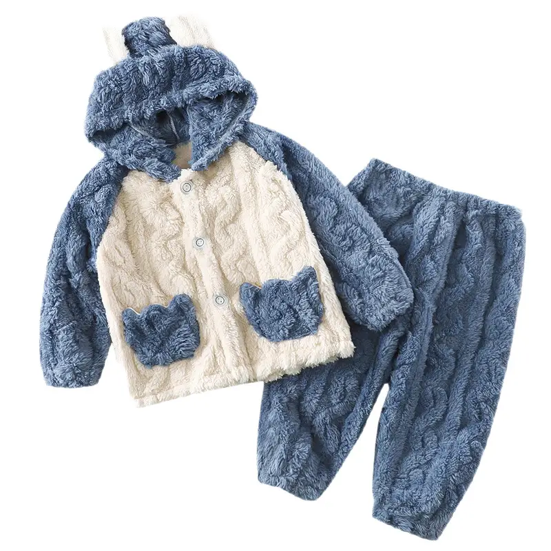 Children's Flannel Home Clothes Set Autumn and Winter Warm and Thickened Cartoon Jacquard Hooded Pajamas for Middle and Large Children