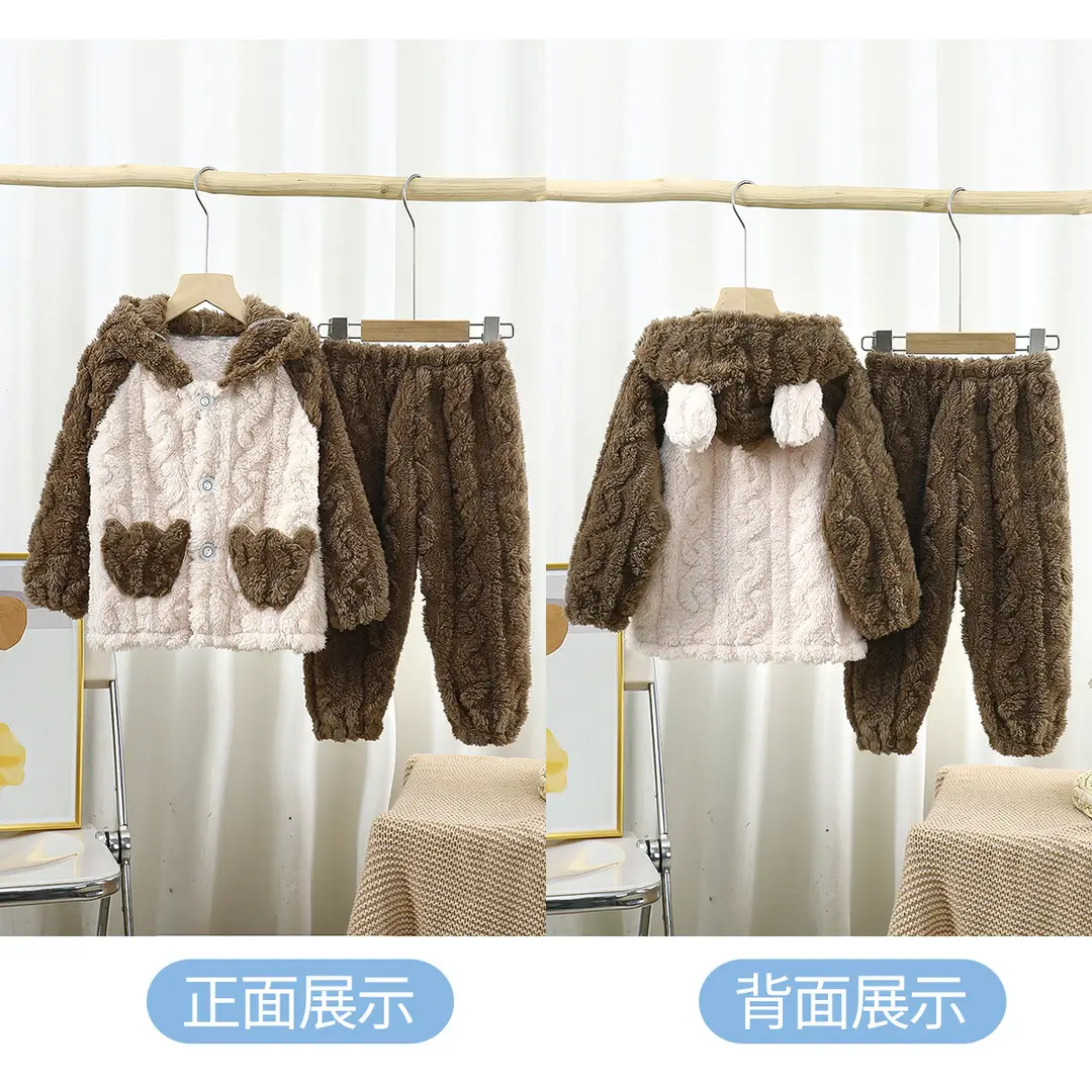 Children's Flannel Home Clothes Set Autumn and Winter Warm and Thickened Cartoon Jacquard Hooded Pajamas for Middle and Large Children — feature 19