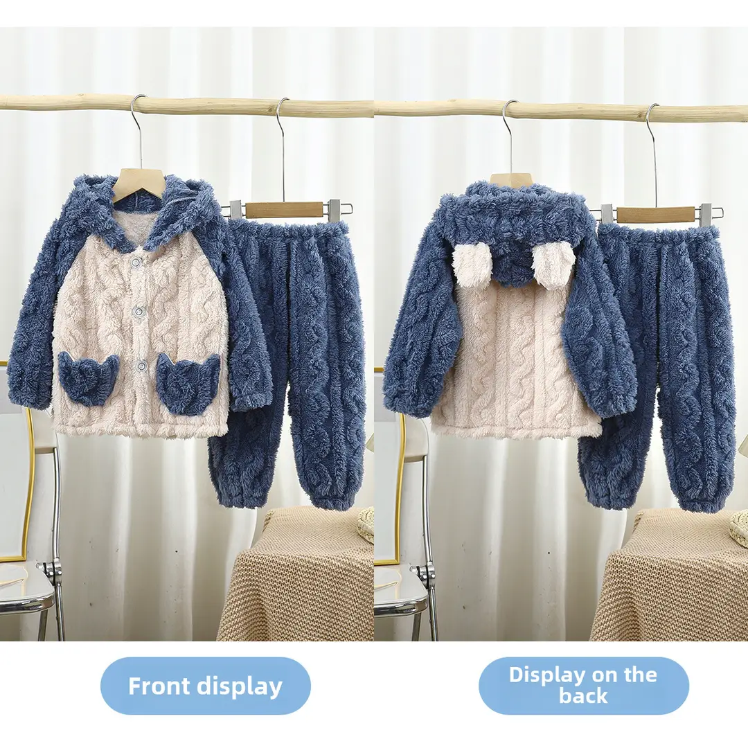 Children's Flannel Home Clothes Set Autumn and Winter Warm and Thickened Cartoon Jacquard Hooded Pajamas for Middle and Large Children