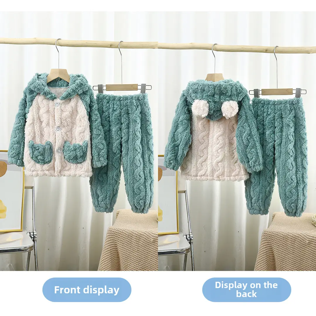 Children's Flannel Home Clothes Set Autumn and Winter Warm and Thickened Cartoon Jacquard Hooded Pajamas for Middle and Large Children