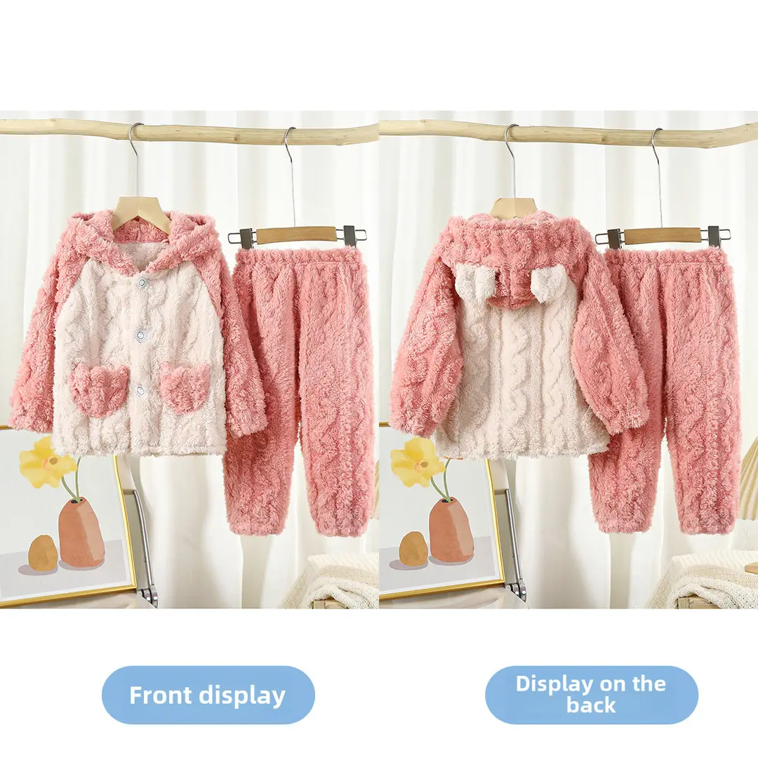 Children's Flannel Home Clothes Set Autumn and Winter Warm and Thickened Cartoon Jacquard Hooded Pajamas for Middle and Large Children