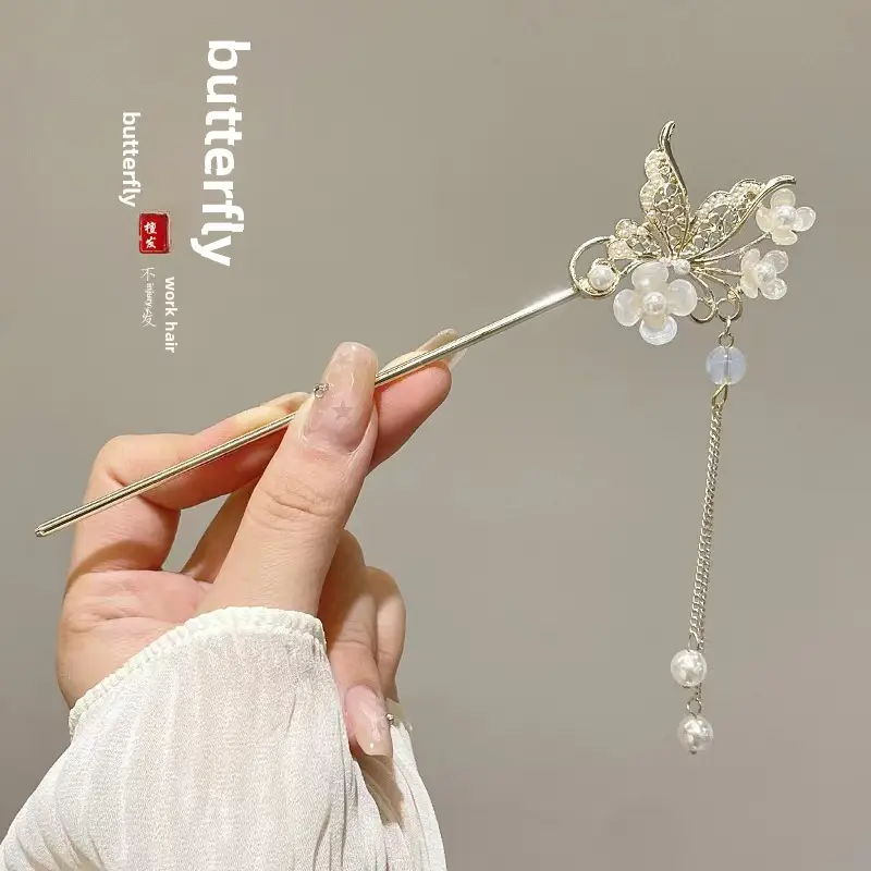 Ancient Flower Hairpin with Tassel & Chopsticks Set - Image 17